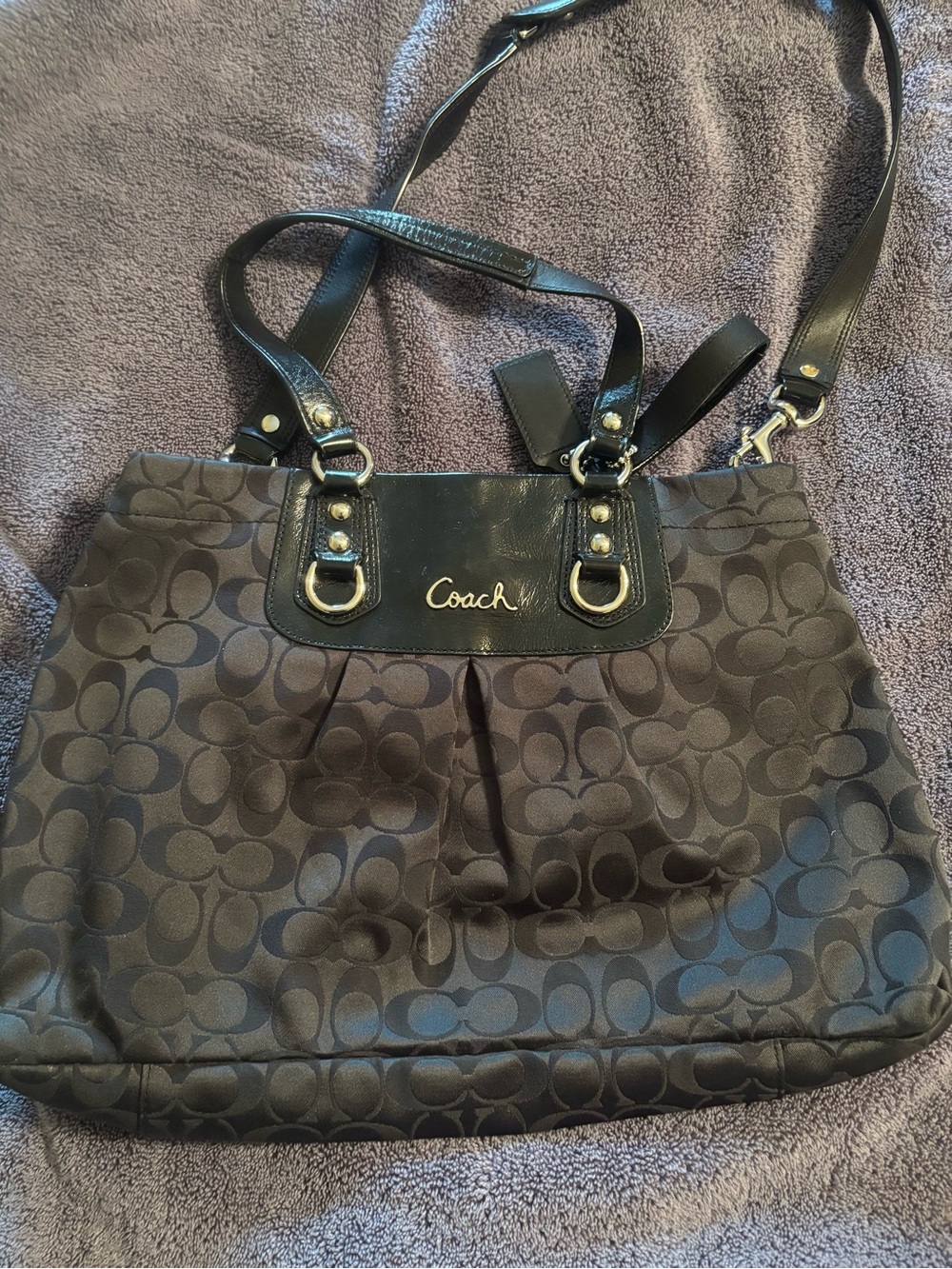 Coach Black Signature Jacquard Shoulder Bag with Leather Trim